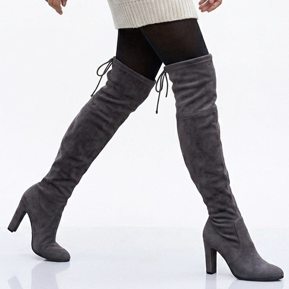 Tiger Mist Grey Faux Suede Over-The-Knee Boots Thigh High Block Heel Sz 9 JB2